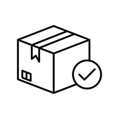 Delivery Package Icon with Check Mark – Shipping, Logistics, Verified Parcel Symbol – Black Line Vector