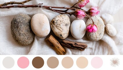 Natural stones, twigs, and flowers on cream cloth. Color palette