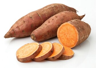 Fresh sweet potatoes whole and sliced on a white background