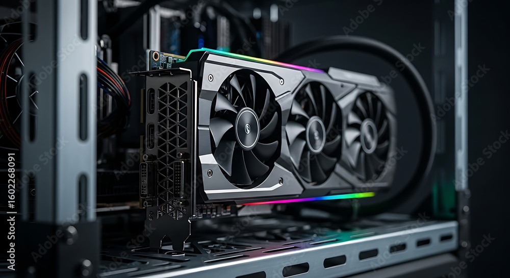 Poster close-up of a high-end graphics card with three fans inside a computer case, showcasing its design a