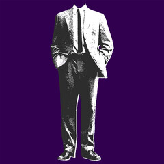 Vintage businessman in suit and tie, classic formal clothing style. Monochrome antique vector illustration with strong graphic texture.