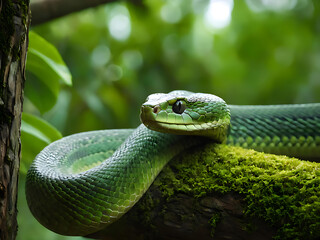 green coulur snake in the forest, its sliping on the tree