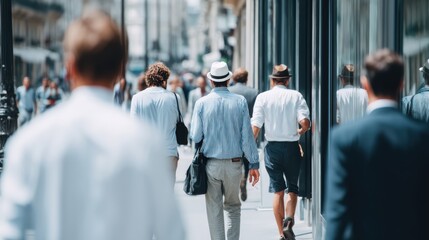 Men walking on busy city street in summer