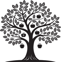 Obraz premium Black apple tree with leaves and fruit black and white