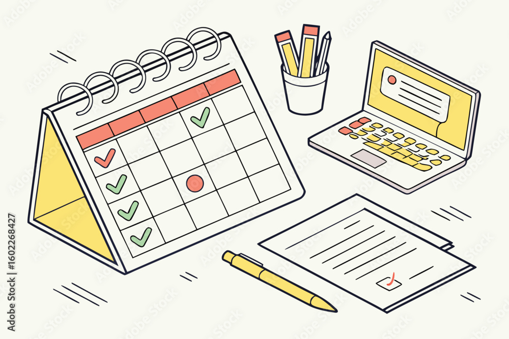 Poster planning and organizing tasks using a calendar, laptop, and stationery on a workspace table