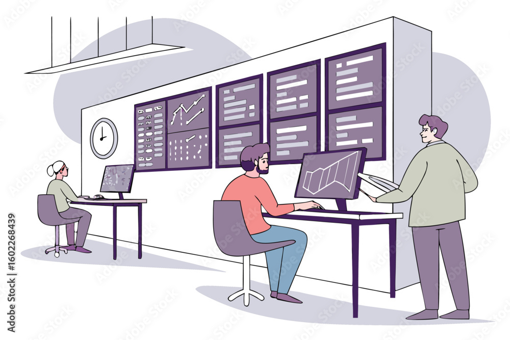 Poster team of professionals analyzing data on computer screens in a modern office setting while discussing
