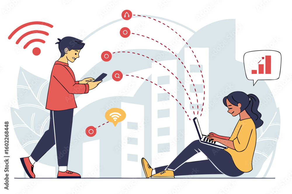 Poster people using technology in an urban setting, connecting through wireless signals while engaged in di