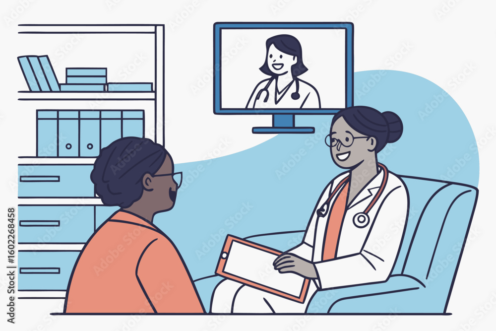 Aufkleber virtual consultation between a doctor and a patient in a comfortable setting showcasing modern teleh