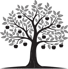 Obraz premium Black apple tree with leaves and fruit branches black and white