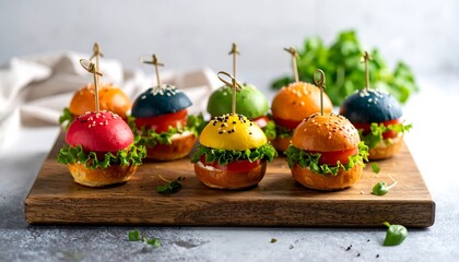 Colorful mini burgers on a wooden board (2)