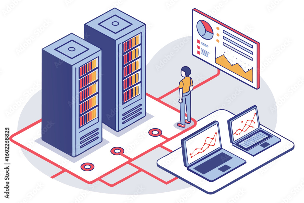 Poster character working with data analysis and servers in a modern digital environment focused on technolo