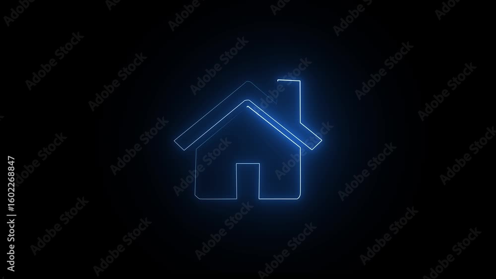 Poster home icon animation by biu color neon on black background. glowing neon line map pointer with house 