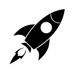 Black and white silhouette illustration of a rocket taking off into space