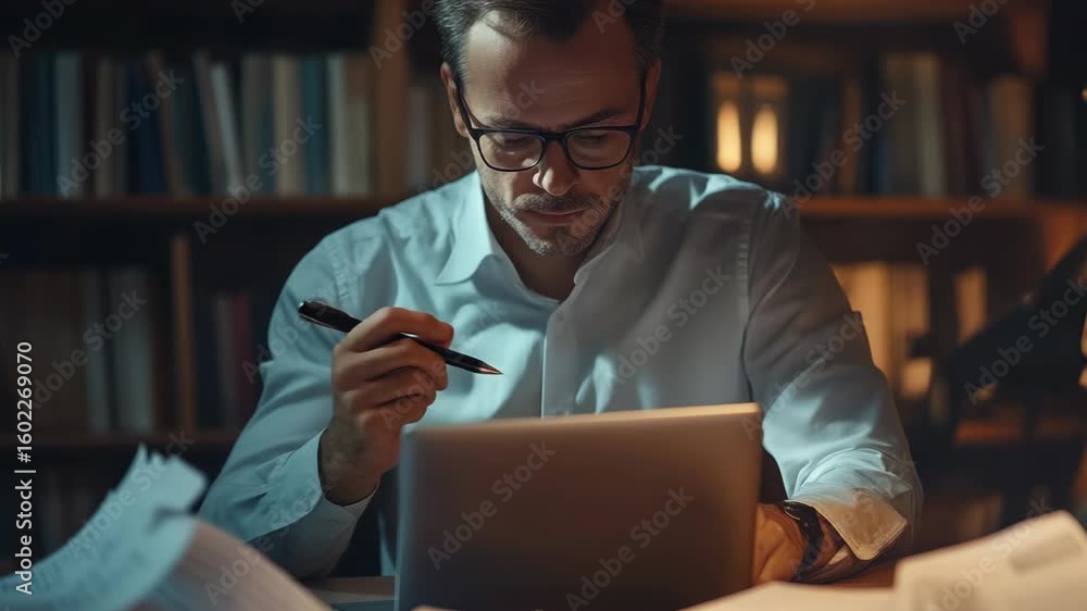Poster man in glasses working at desk with laptop and stack of documents.
