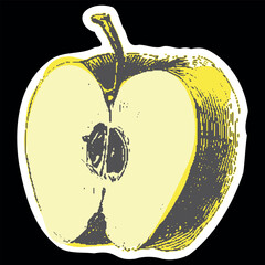 Apple half with seeds and stem in vintage engraving style. Yellow and black vector illustration.