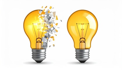 Glowing and broken light bulb comparison concept