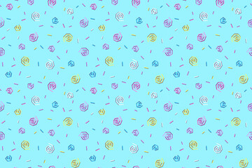 Seamless pattern in memphis style on blue background for printing, backdrops, wrapping paper.