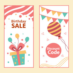 Two banners showcasing birthday sale and discount code with gift, balloons, and festive decorations elements