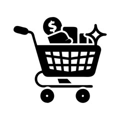 Shopping cart filled with products including money and something sparkling