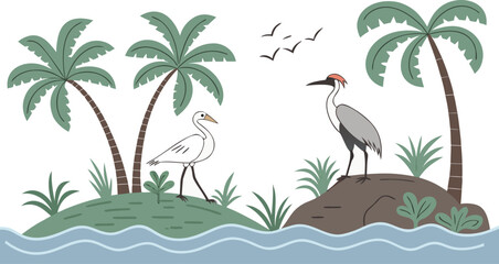 Two birds on tropical island with palm trees and water