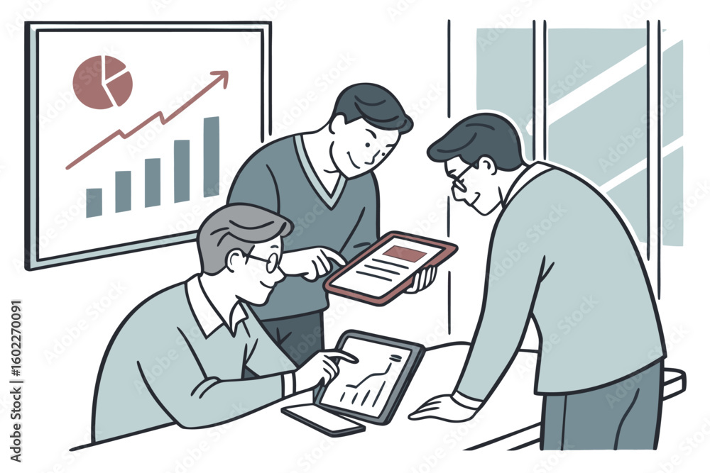 Poster business professionals collaborating in a modern office while analyzing data on digital devices for 