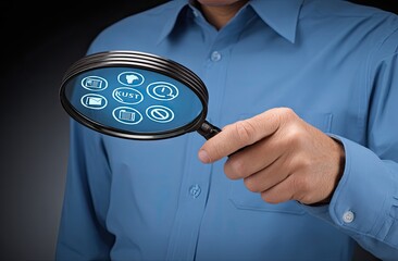 Man's hand holding magnifying glass over digital icons