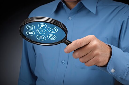 Man's hand holding magnifying glass over digital icons