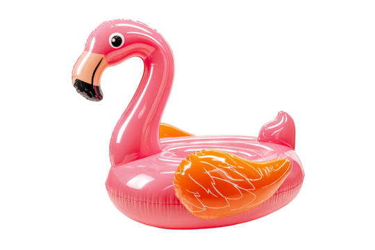 High-resolution pink inflatable flamingo pool float toy isolated on transparent background PNG cutout for tropical summer party design, poolside décor, kids’ water games and travel-themed graphics - Powered by Adobe