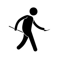 Simple Black Pictogram of a Figure Walking with a Cane or Hiking Stick