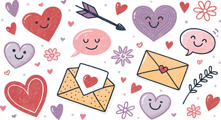 Valentine’s Day Crayon Doodles Hearts, Love Letters, Cupid Arrows & Smiley Faces in Hand-Drawn Style.