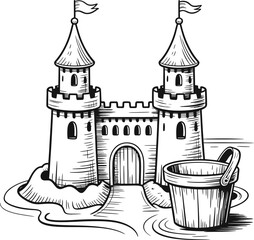 Whimsical hand drawn sandcastle with bucket and flags