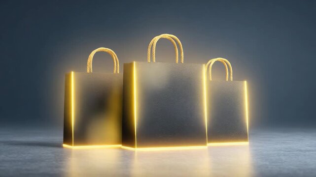 Golden shopping bags arranged against a subtle gradient backdrop, exuding a sense of luxury and refinement