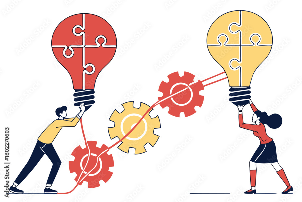 Poster creative thinkers collaborate to connect innovative ideas represented by light bulbs and gears in a 