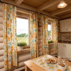 Cozy log cabin interior with floral curtains, wood details, kitchen, and a table with cookies.  Sunlight streams through windows offering a view of a green landscape