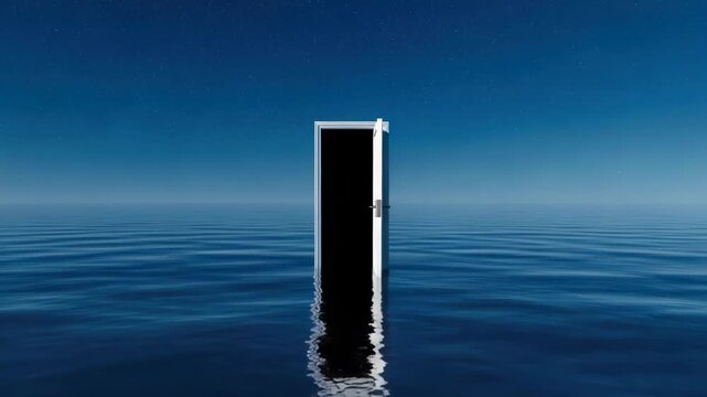 Conceptual doorway animation sequence leading into darkness on serene ocean waterscape