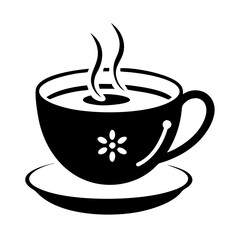 Monochrome illustration of a cup of steaming coffee or tea with flower detail