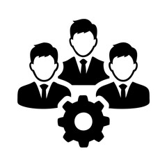 Three faceless individuals wearing suits with a gear in the forefront