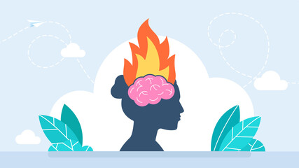 Human head with fire, angry woman. Angry aggressive girl, fire and flame in place of brain. Brain flame, burnout on stress. Negative mood and bad temper metaphor, burning thoughts. Flat illustration