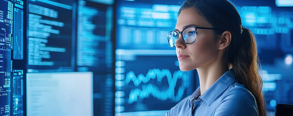 Focused professional analyzing data in high tech environment with multiple screens displaying real time information and analytics