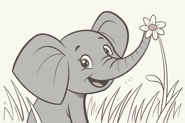 Fototapeta premium Cute cartoon elephant smiling while holding a flower in a grassy field during a cheerful day