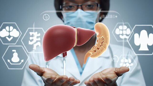 Doctor Displaying Digital Liver and Pancreas Over Hands in White Medical Coat with Surgical Mask on Gray Background with Overlayed Medical Icons