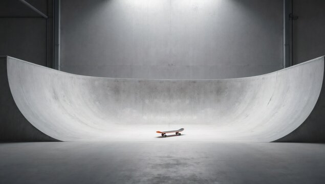 Skateboard resting in an empty modern concrete skatepark bowl