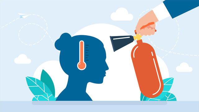 Exhausted young woman with thermometer in her head. Put out head fire. A man with a fire extinguisher extinguishes a fire brain. Burnout, emotional problem, mental illness. Flat illustration