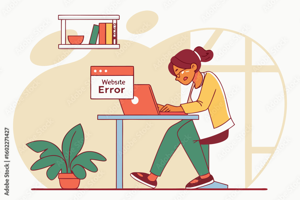 Poster person working at a desk with a laptop displaying a website error message in a cozy workspace settin