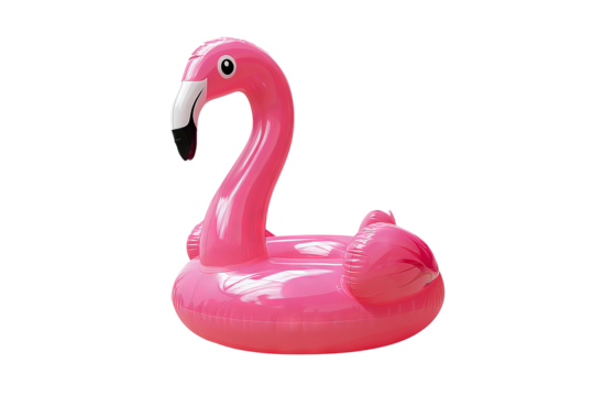 High-resolution pink inflatable flamingo pool float toy isolated on transparent background PNG cutout for tropical summer party design, poolside décor, kids’ water games and travel-themed graphics