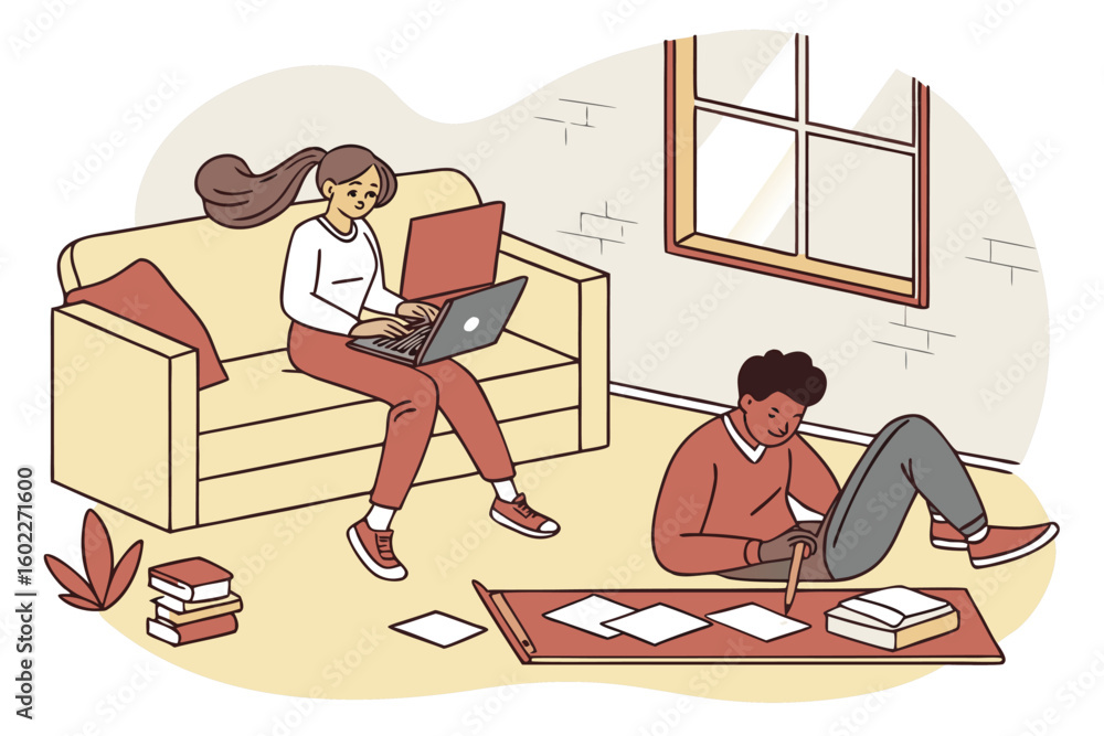 Aufkleber creative workspace at home featuring two individuals engaged in different tasks while enjoying a coz
