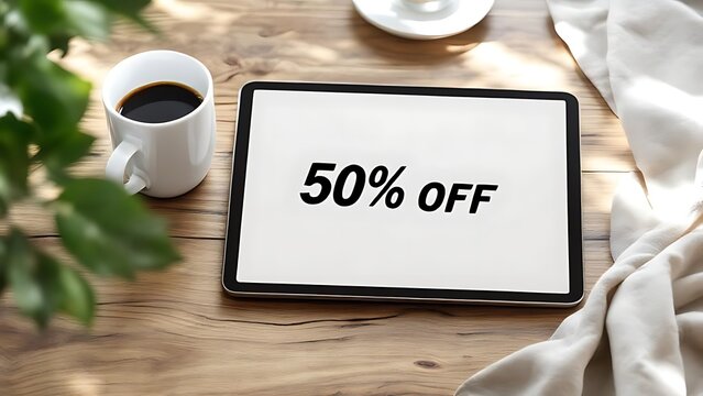 A tablet on table displays discount coupon interface beside coffee cup. Great for web promotion, mobile UI, and online shopping visuals