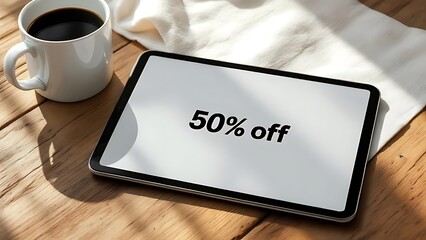 A tablet on table displays discount coupon interface beside coffee cup. Great for web promotion, mobile UI, and online shopping visuals