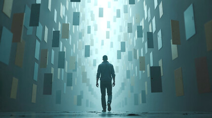 A solitary man walks towards a bright light through a corridor of floating, endless doors, symbolizing choices.