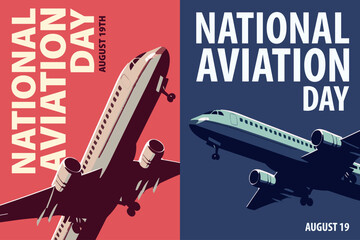 National Aviation Day poster pack. Vector illustration collection with airplane, aircraft for postcard, invitation, celebration, brochure in retro, vintage style